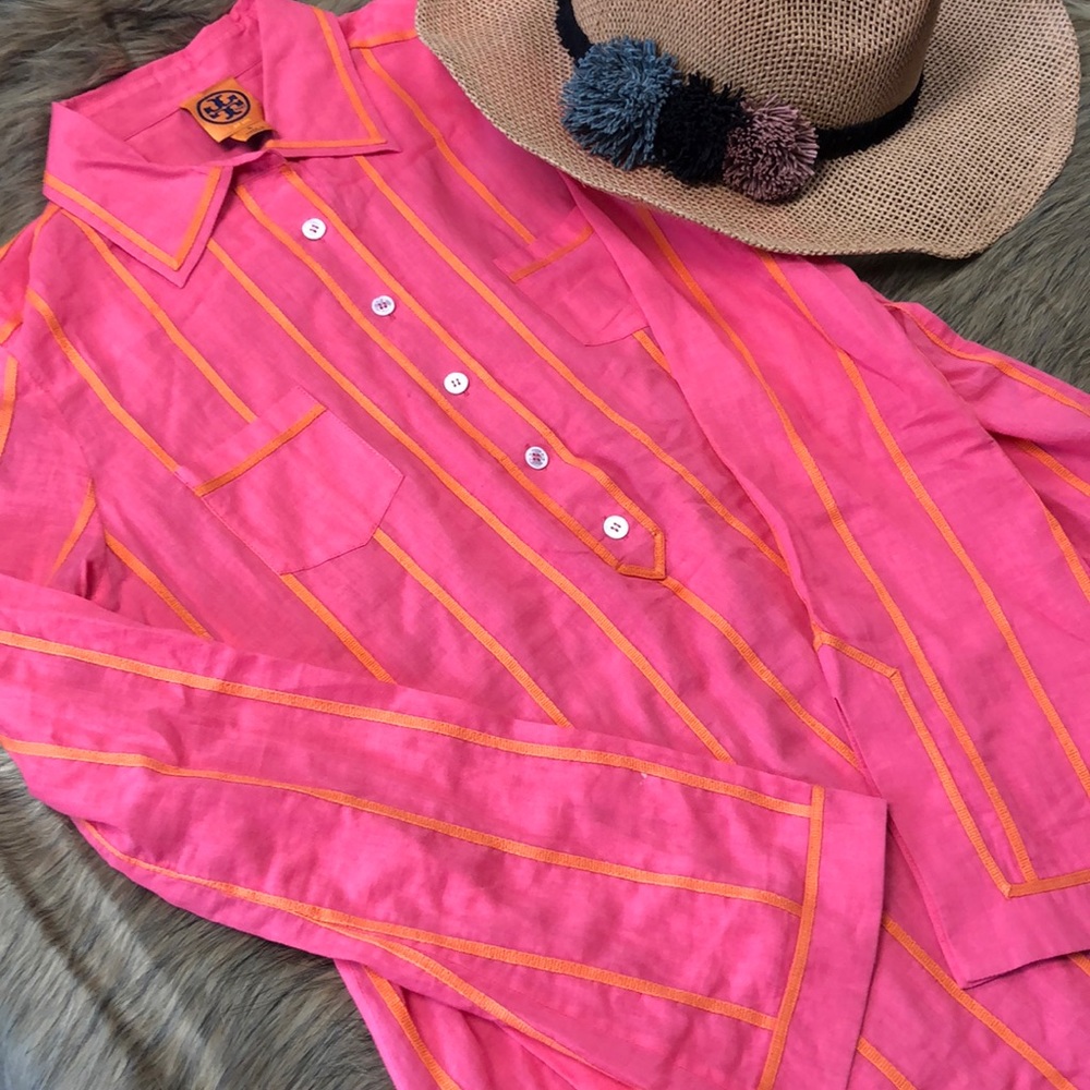 Tory Burch Cotton Striped Hippie Tunic Bright Pink